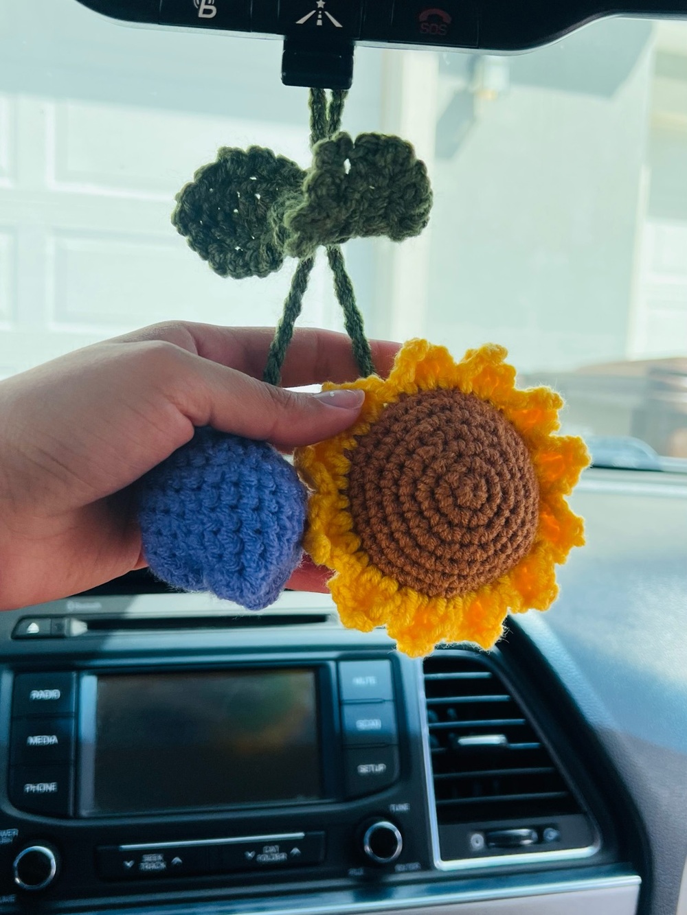Handmade Crochet Sunflower and Blue Heart Hanging Décor - Yellow & Blue